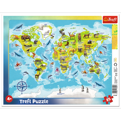 Puzzle Weltkarte mit Tieren Rahmen Trefl 25 el. 