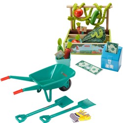 Supermarkt-Bauernhof-Stand mit Gemüse und Garten-Set mit Schubkarre