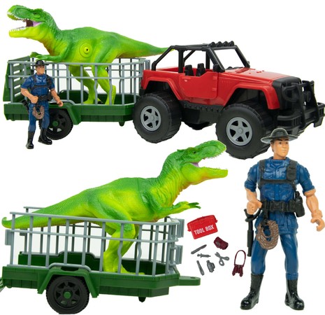 Dinosaurier-Set, Fahrzeug mit Anhänger, Jägerfigur Savage Dino Adventure Sound.