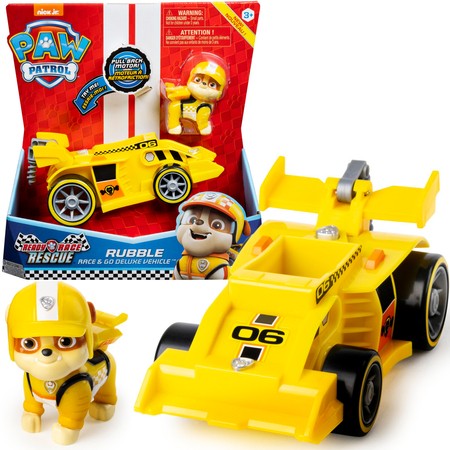 Paw Patrol 2in1 Rubble Ready Race Rescue Deluxe Gelbes Rennauto Fahrzeug + Figur Sound