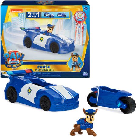 Paw Patrol Kinofilm The Movie Chase blau Mini Fahrzeug Polizeiauto mit Figur 2in1 Polizeiauto und Motorrad 3+ Spin Master