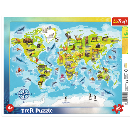 Puzzle Weltkarte mit Tieren Rahmen Trefl 25 el. 