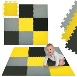 Humbi Schaumstoffbodenmatte 180x180 Großes wasserdichtes sicheres Schaumstoffpuzzle 9 Stück gelb, grau, schwarz